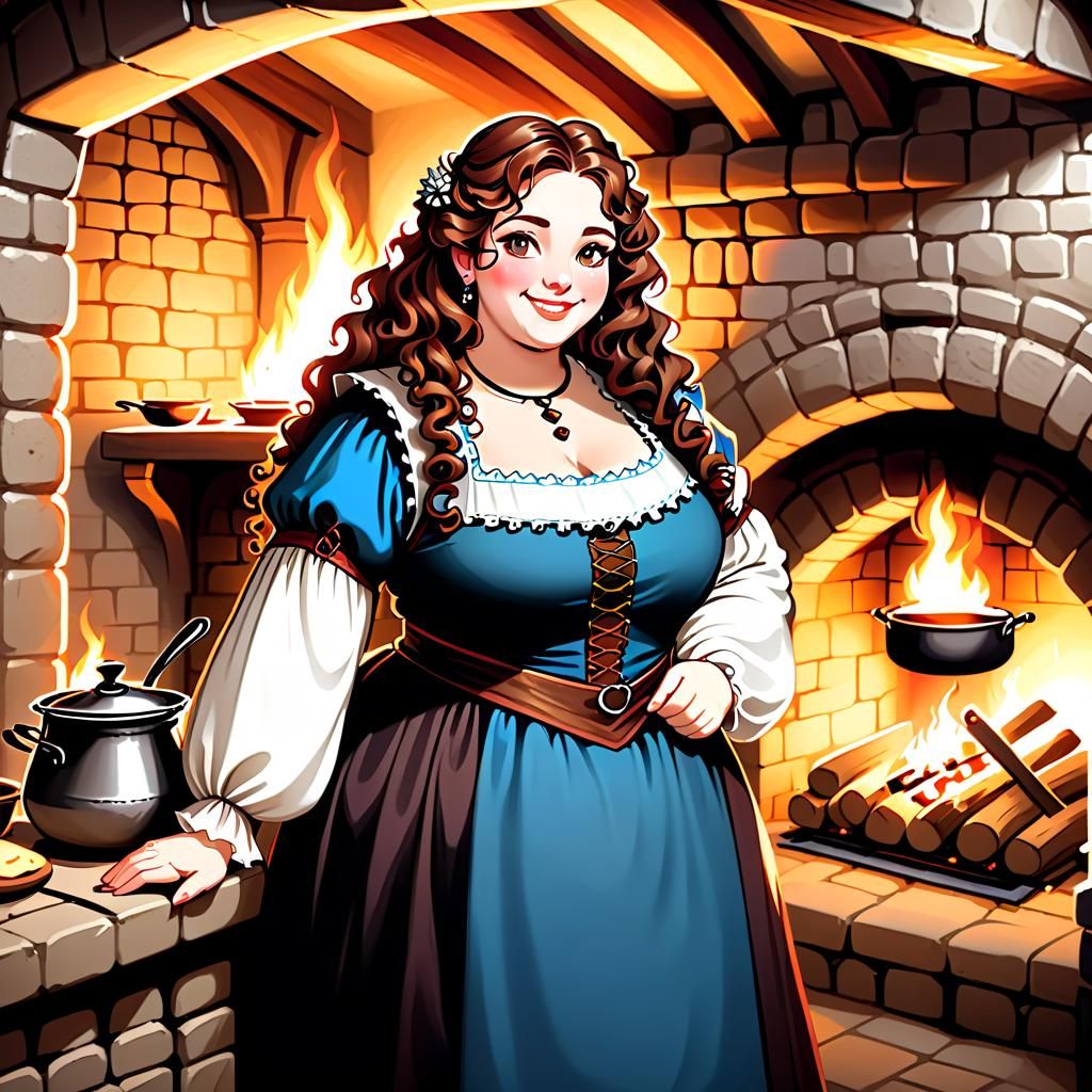 Medieval Woman Cooking in Castle Basement