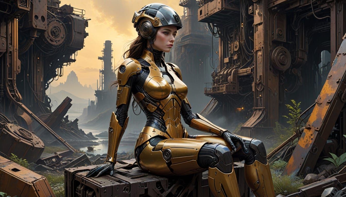 Futuristic Android Goddess in Dystopian Ruins