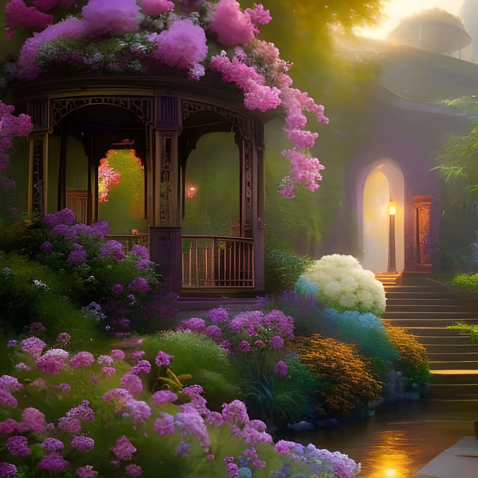 Fantastical Garden with Gazebo in Digital Painting Style