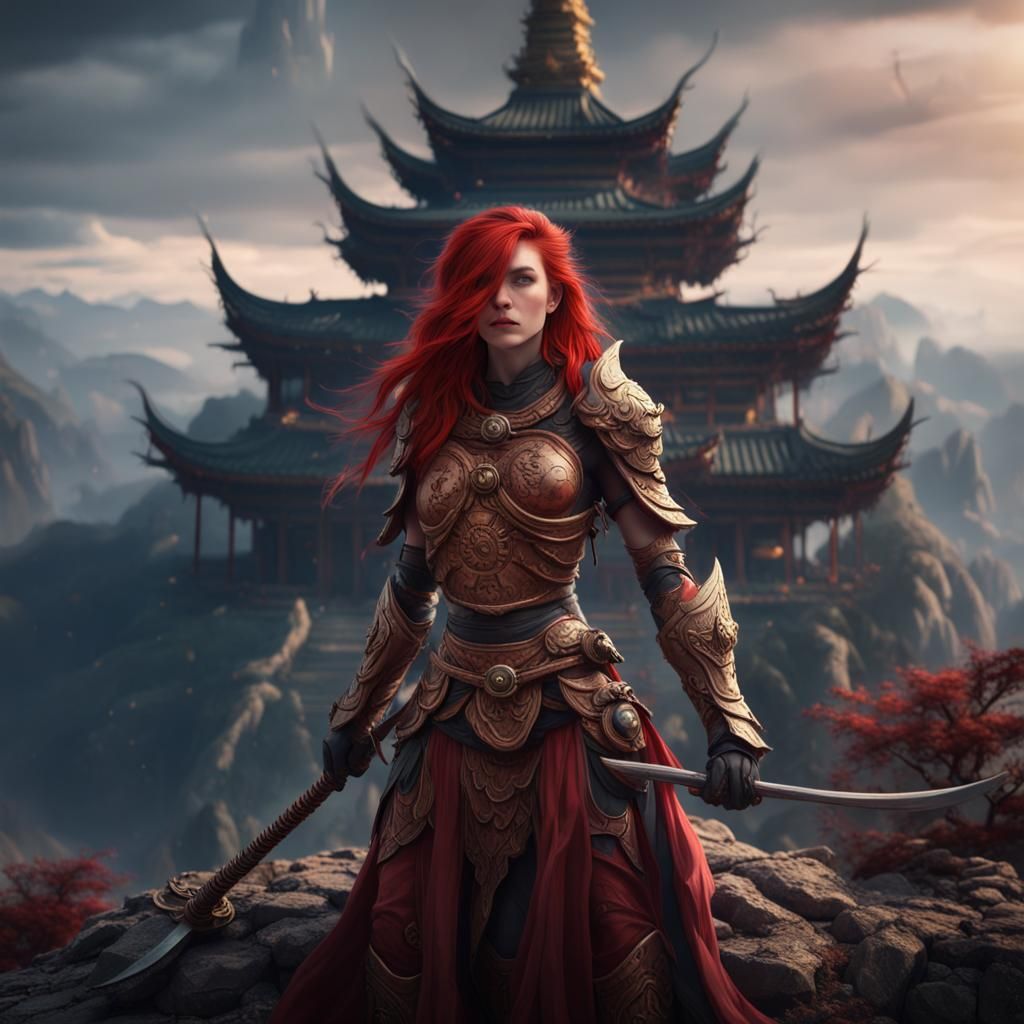Red-Haired Warrior on Mountain, Digital Matte Painting