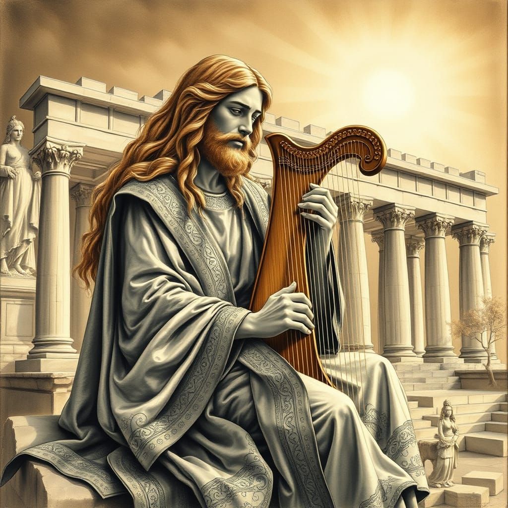 King David in Golden Regalia Plays Harp before Temple of Jer...