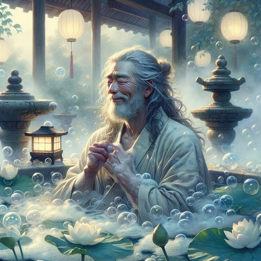 Ukiyo-e Style: Elderly Man in Tranquil Bath