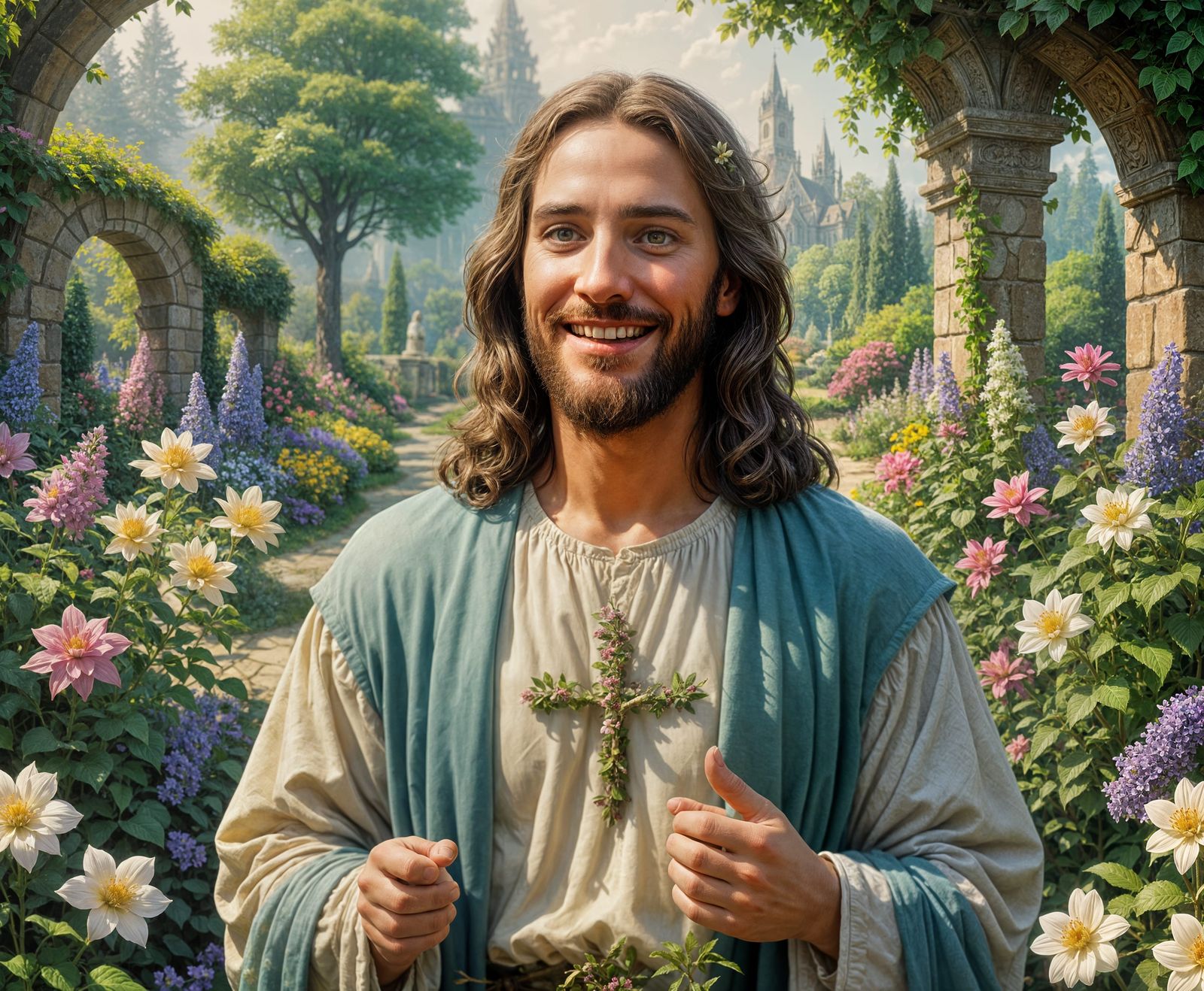 Jesus Smiling in Ethereal Garden, Kinkade Style