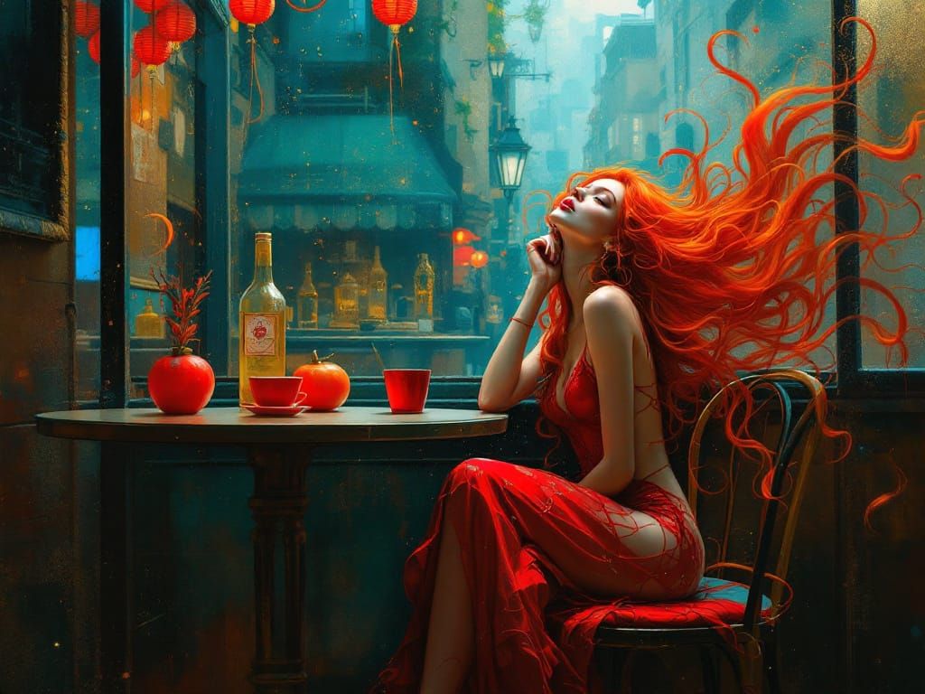 Surreal Woman with Fiery Hair at Cafe