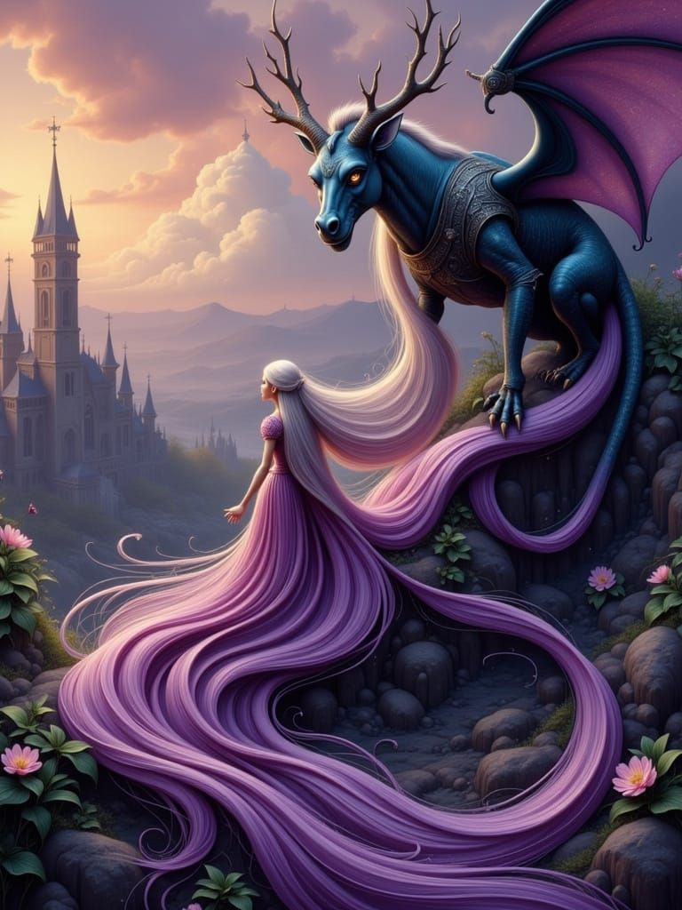 A Knight's Perilous Ascent in Neon-Lit Fairytale Style