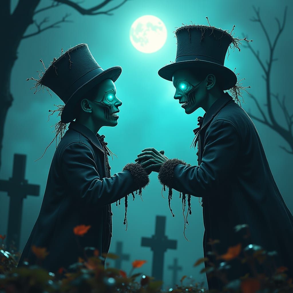 Undead Boys Duel in Gothic Graveyard, Matte Painting