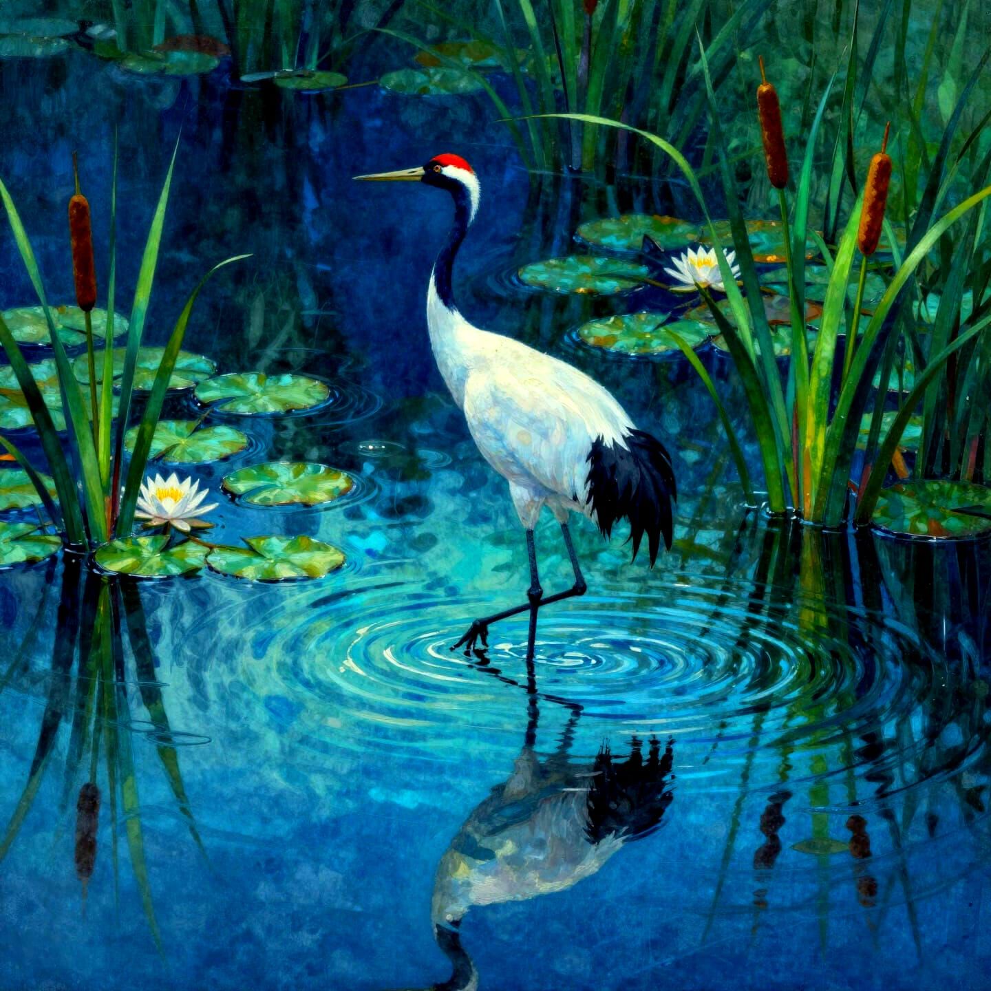 Serene Crane in Still Water with Water Lilies