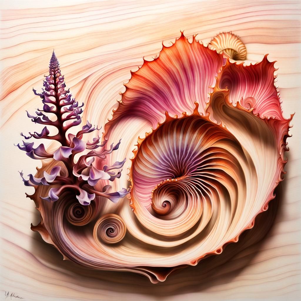 Watercolour Ikebana with Shells and Larch Waterfall