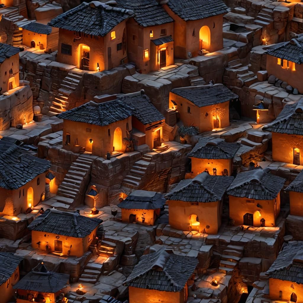 Mesoamerican Settlement at Night in Impressionist Style