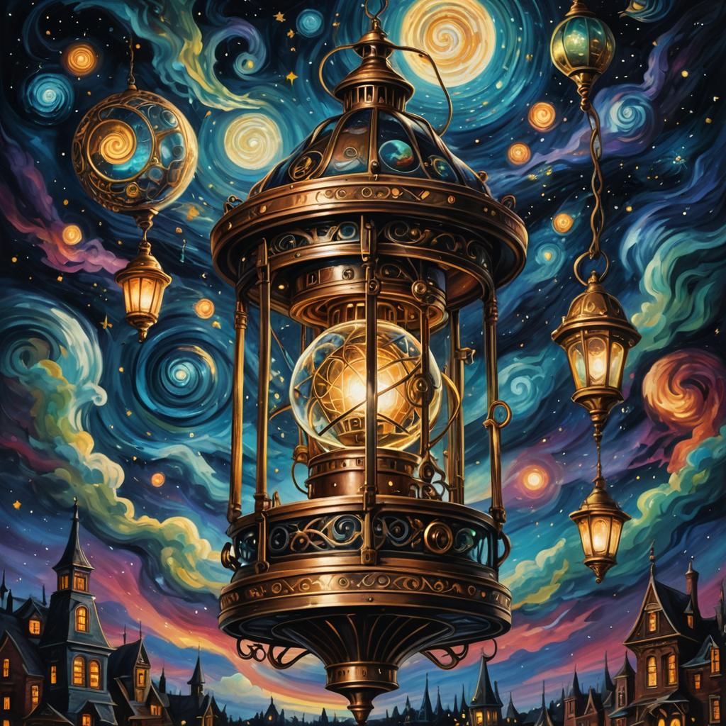 Steampunk Lantern Dreamscape in Surreal Oil Painting