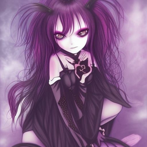 Cute Goth Girl with Bats and Crystals in Anime Style