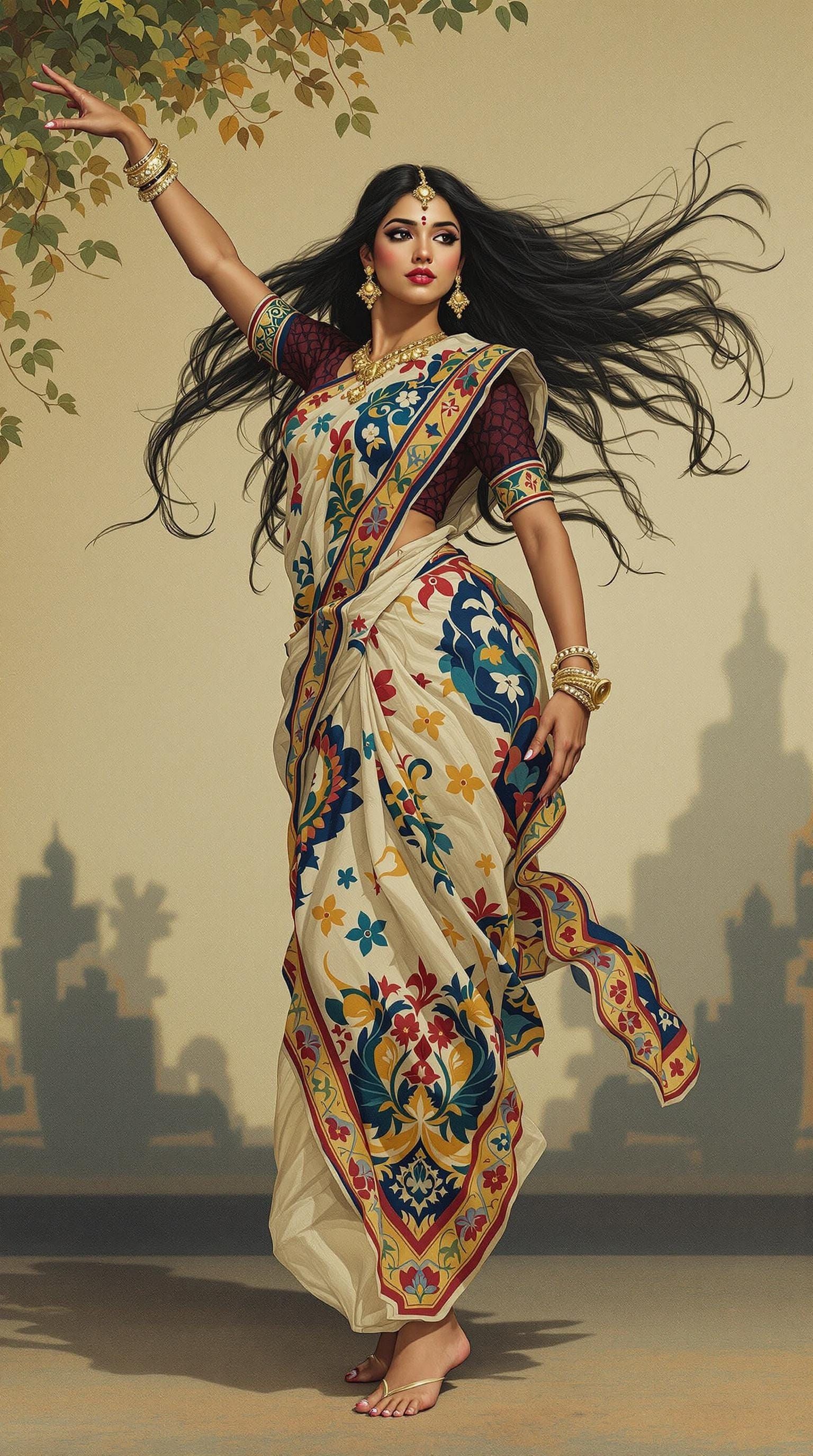 Indian Woman Dancing in Traditional Sari