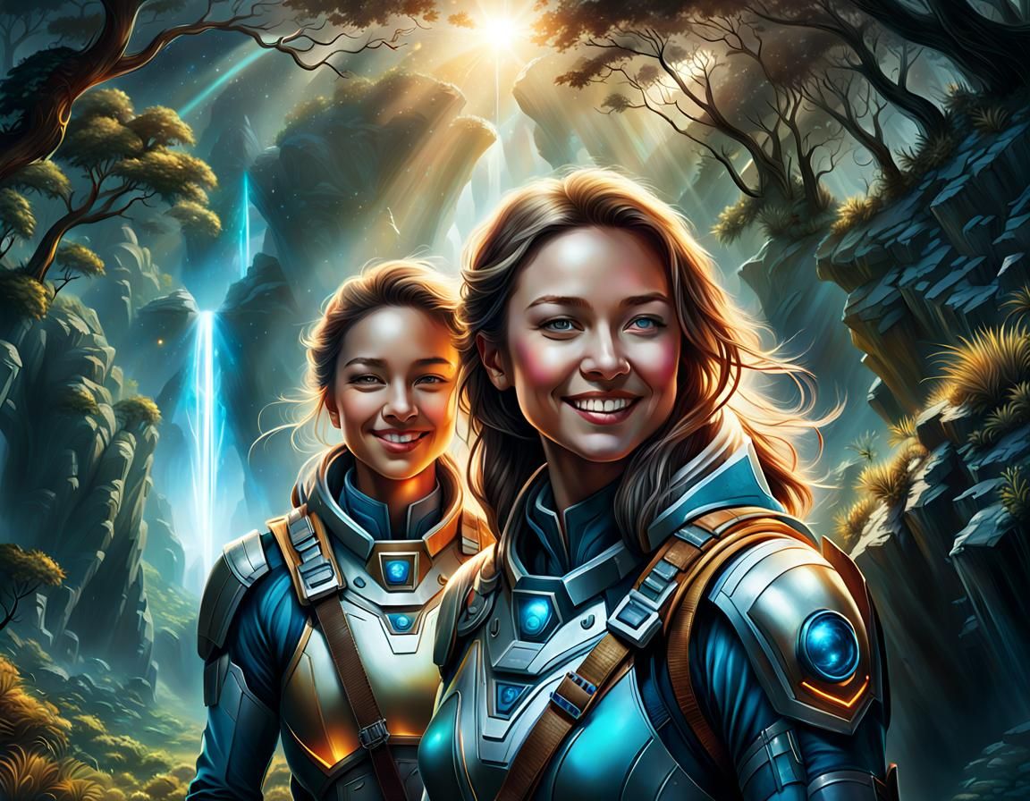 Sister Explorers in Mystical Landscape, Digital Illustration
