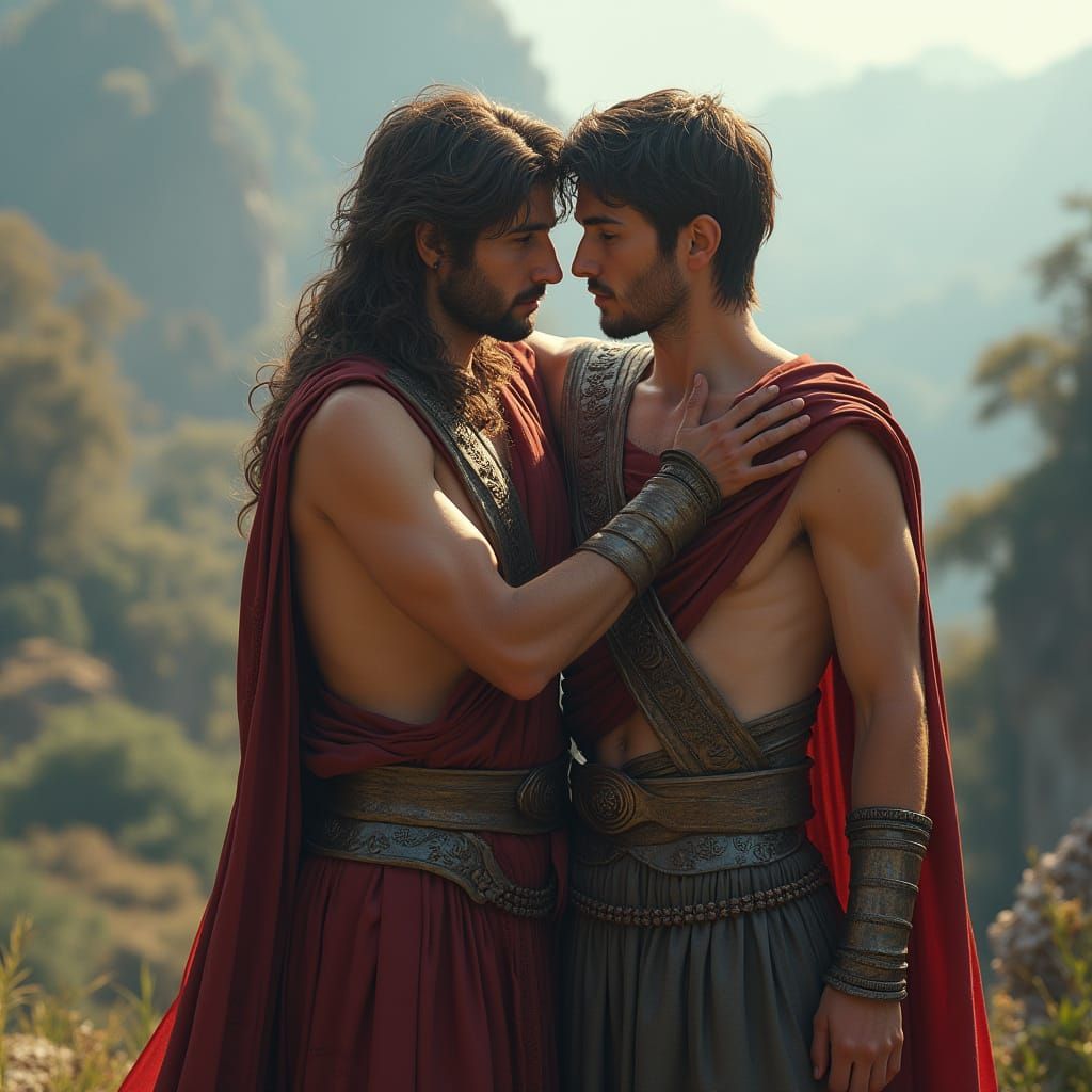 Achilles and Patroclus Embrace in Dreamlike Landscape
