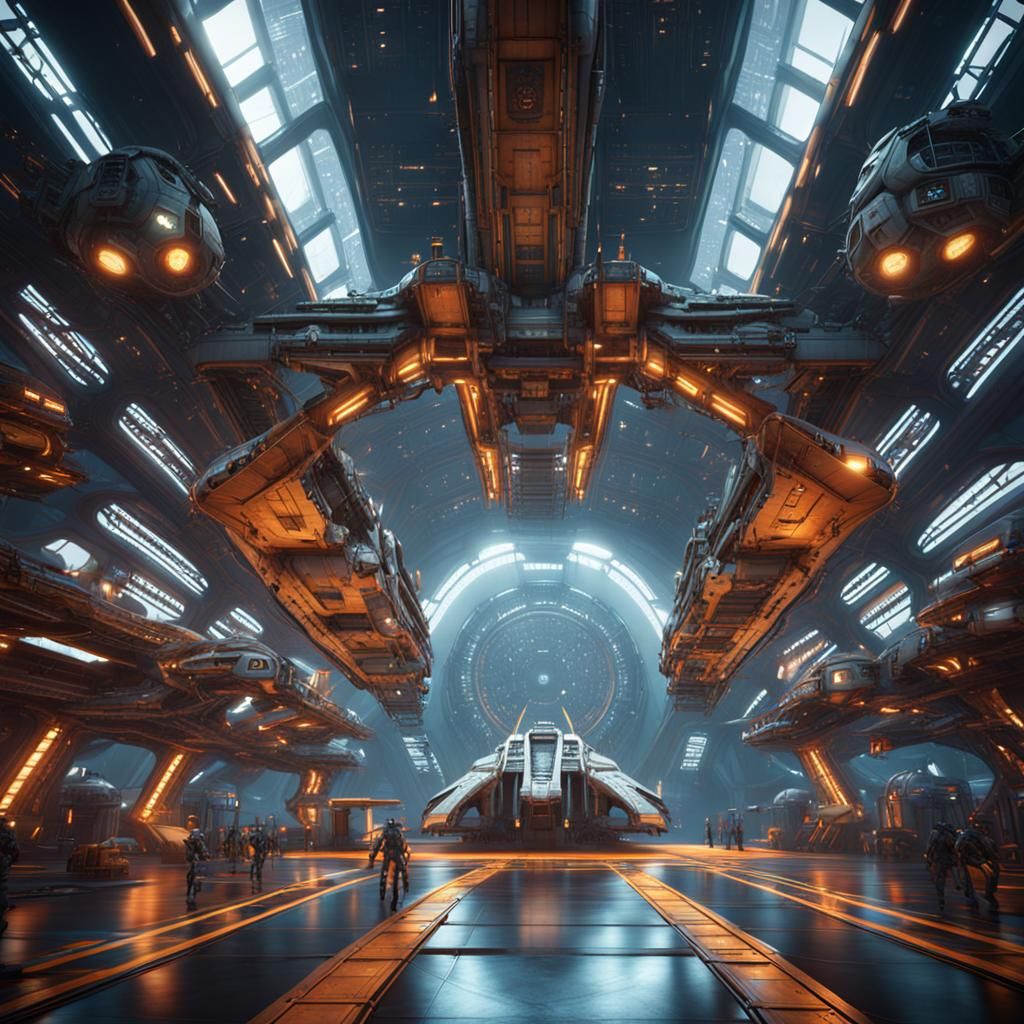 Futuristic Spaceship Hangar in Spatial Station
