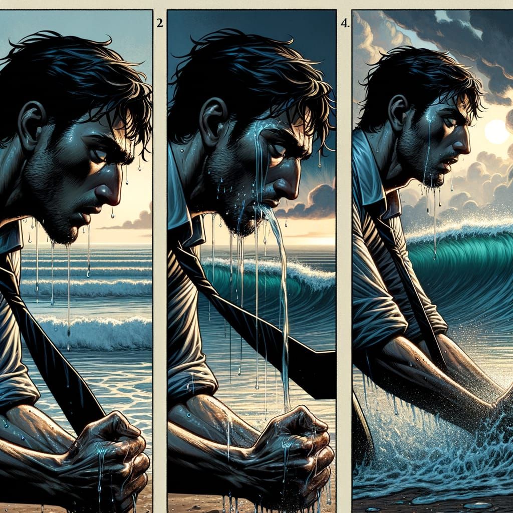 Man's Determined Gaze Facing Ocean Waves at Twilight