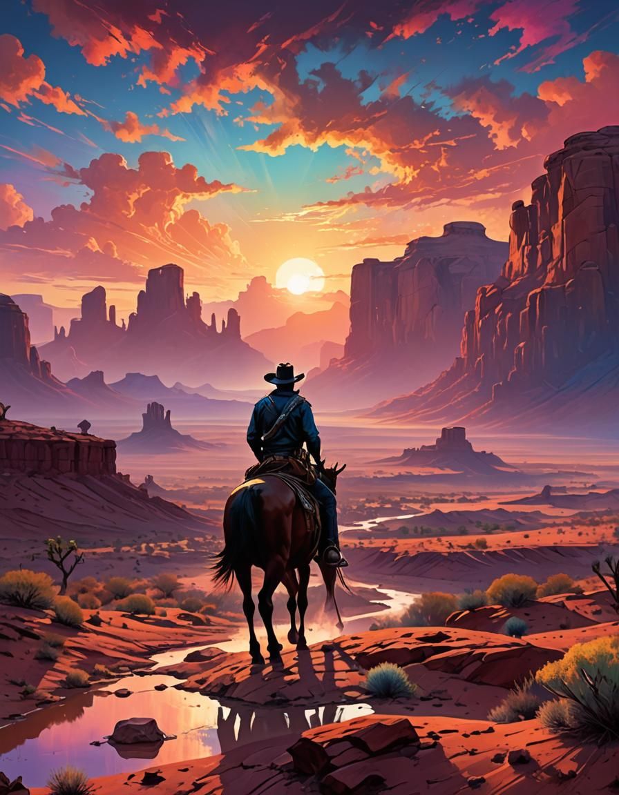 Cowboy Silhouette at Desert Sunset Digital Illustration