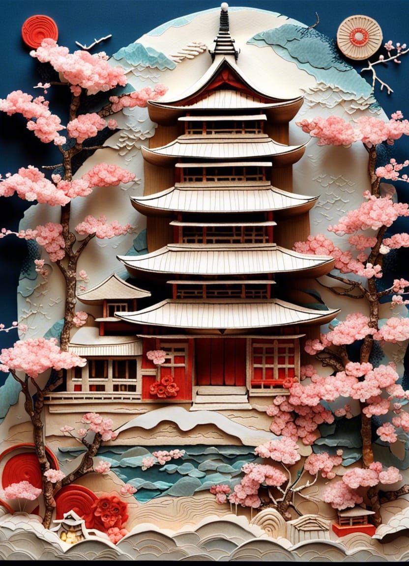Japanese 3D Mixed Media Collage with Temple