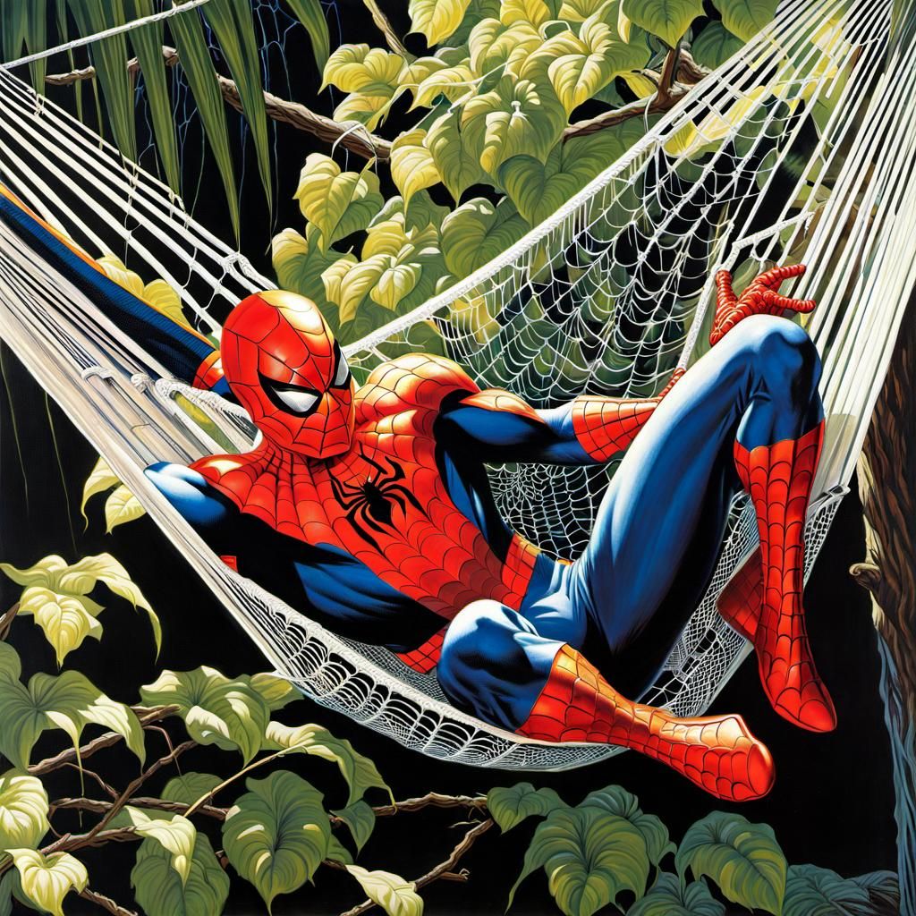 Spider-Man Relaxing in Web Hammock: Comic Book Oil Painting