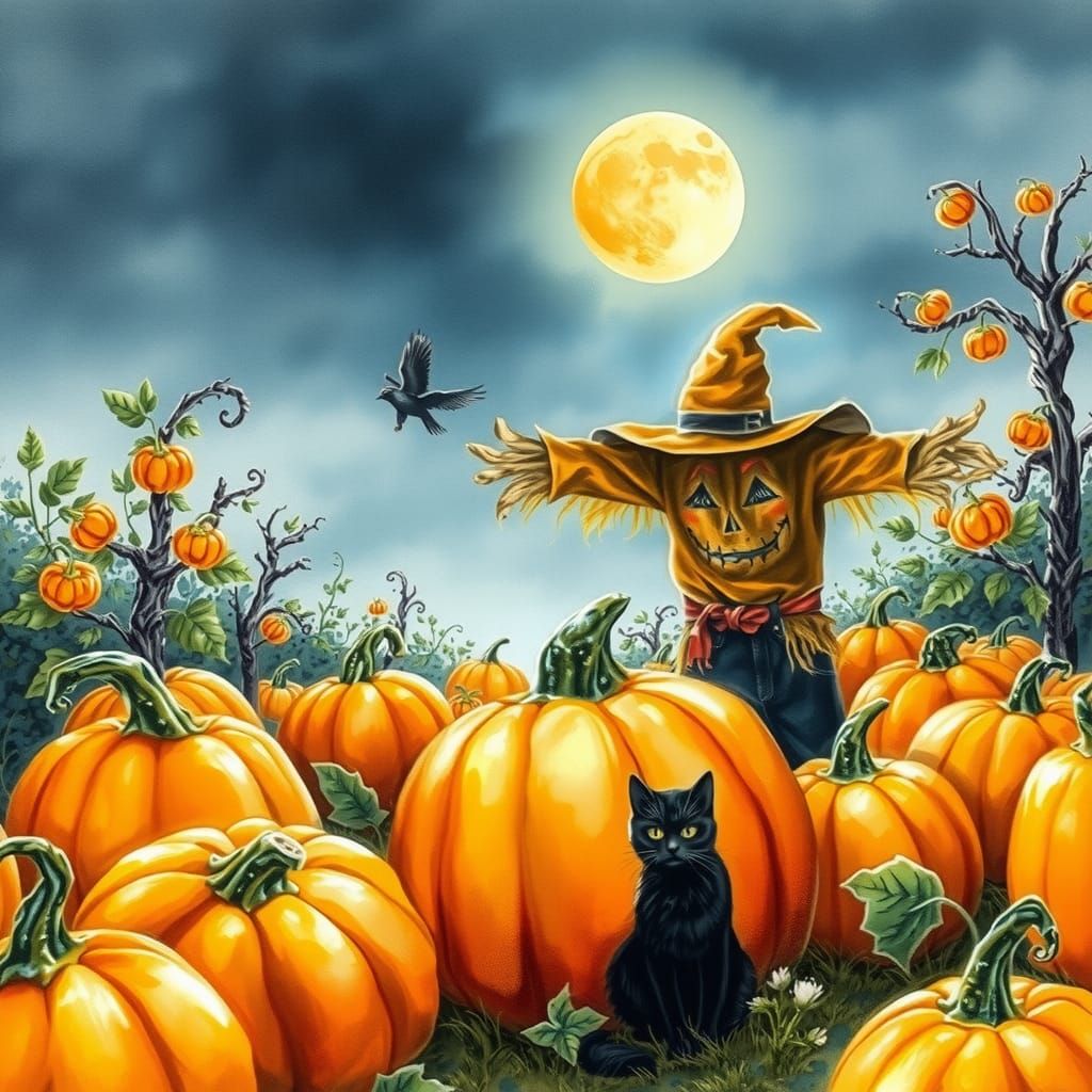 Halloween Scarecrow and Black Cat Watercolor