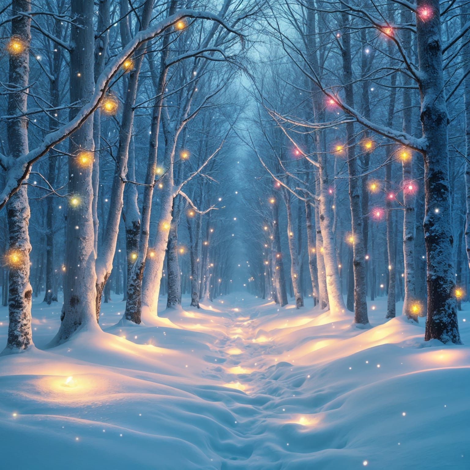 Enchanted Winter Forest Aglow with Fireflies