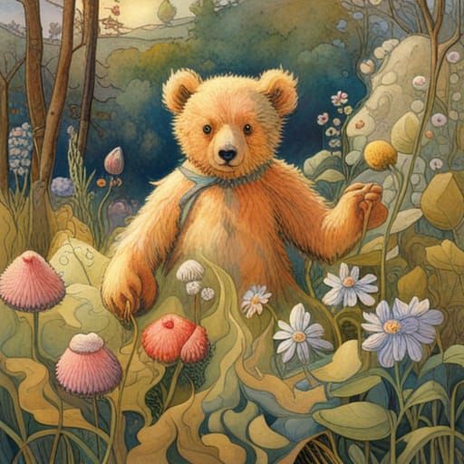 Teddy Bear with Wildflowers in Vintage Illustration Style