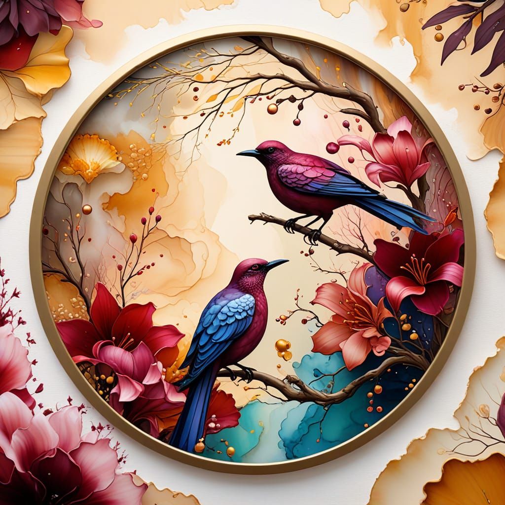 Alcohol Ink Art: Floral Tree and Bird in Gold Frame