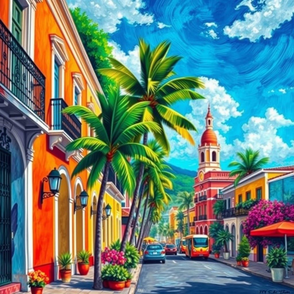 Puerto Rico Scene in Post-Impressionist Style
