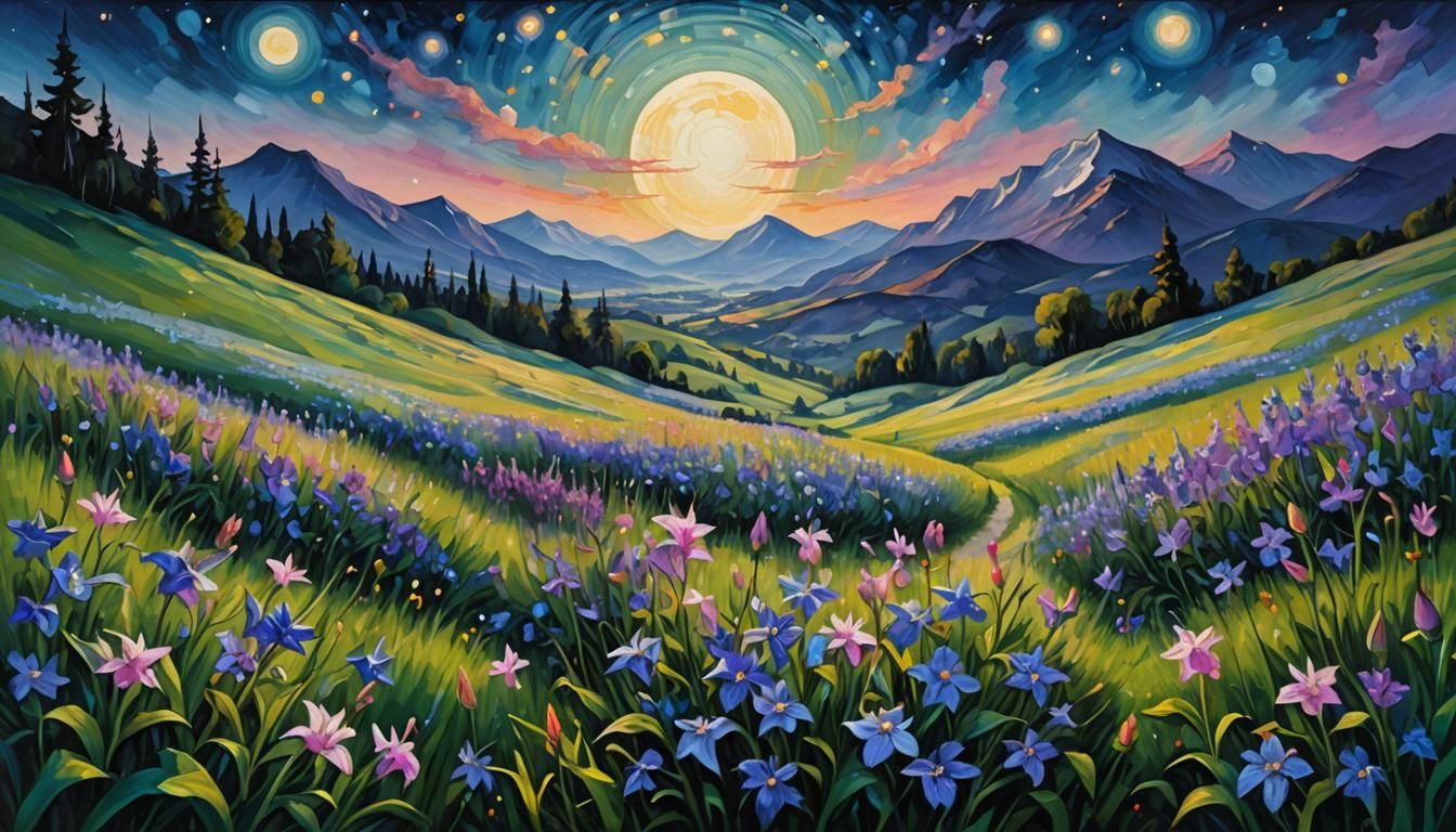 Surreal Bellflowers Bloom Under Starry Night, Impasto Painti...