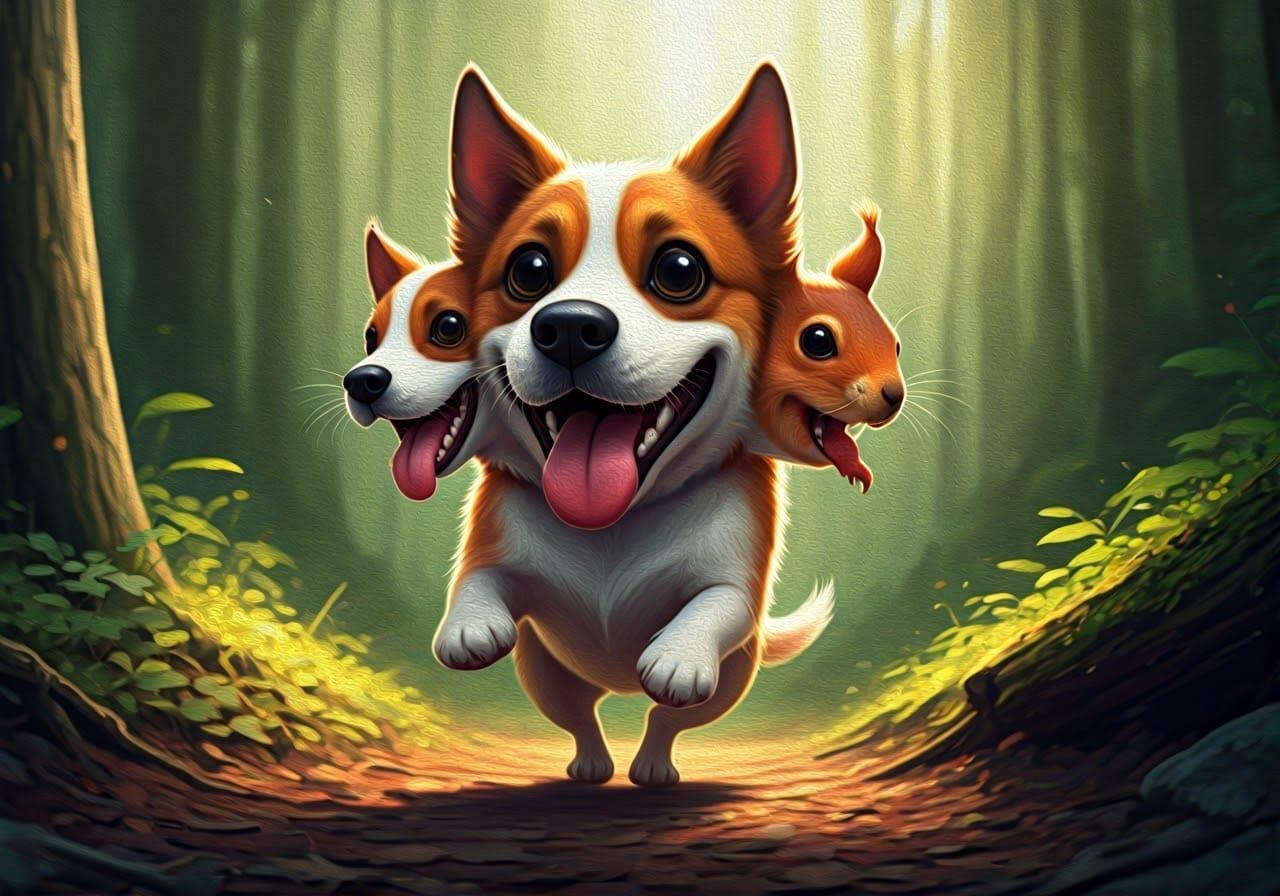 Charming Chibi Dog Chases Squirrel in Whimsical Oil Painting