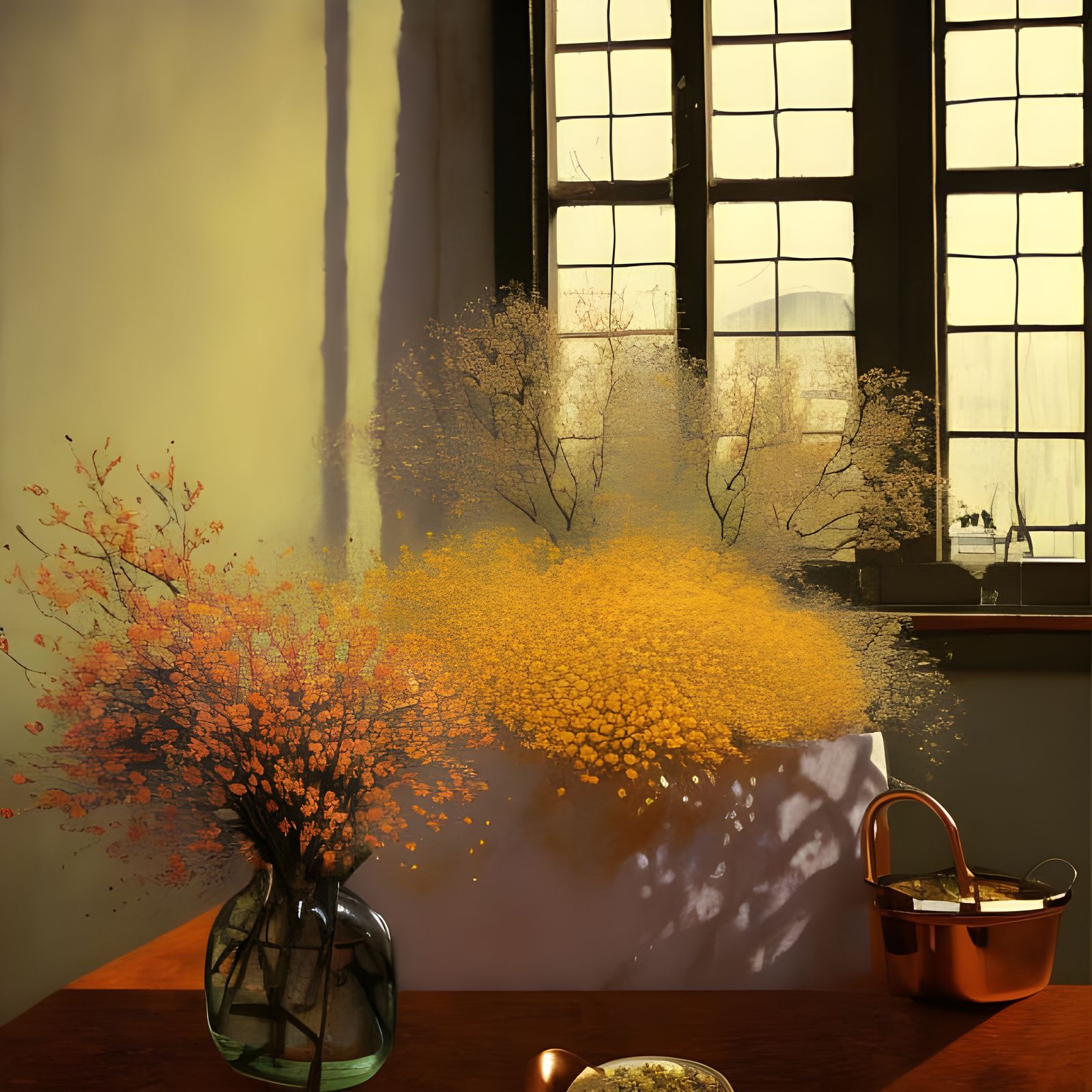 Dried Flowers in Copper Bucket: Surreal Painting