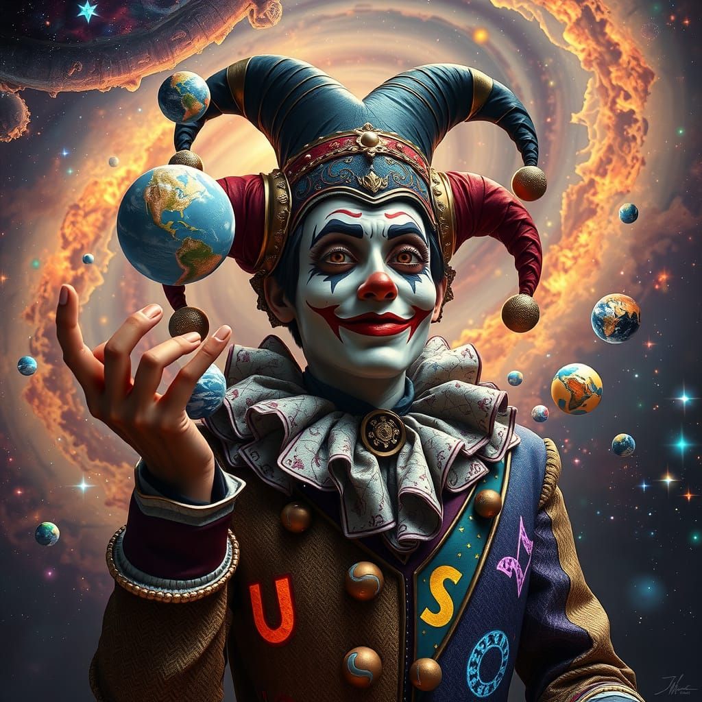Cosmic Jester Juggling Planets in Nebula Sky