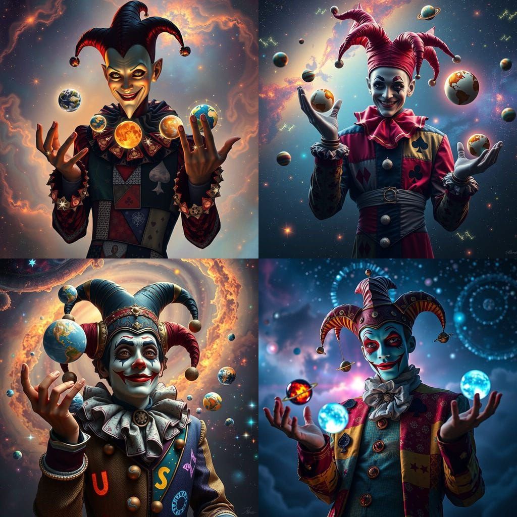 Cosmic Jester Juggles Glowing Planets in Vibrant Nebula