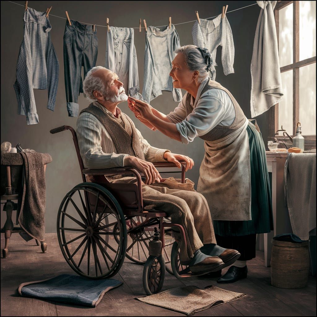 Elderly Man Shaving Scene in 3D Oil Painting