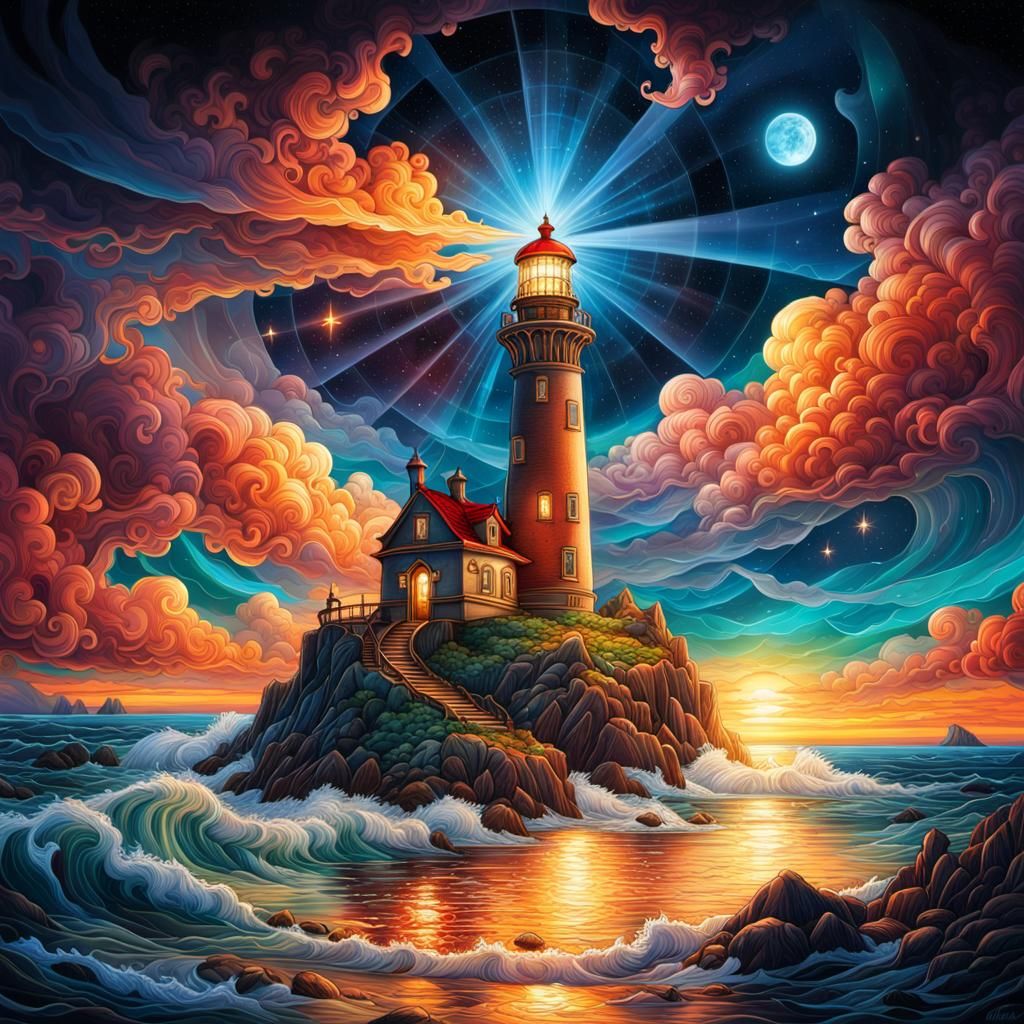 lighthouse in the night on a stormy coast - Beacon of hope and guidance