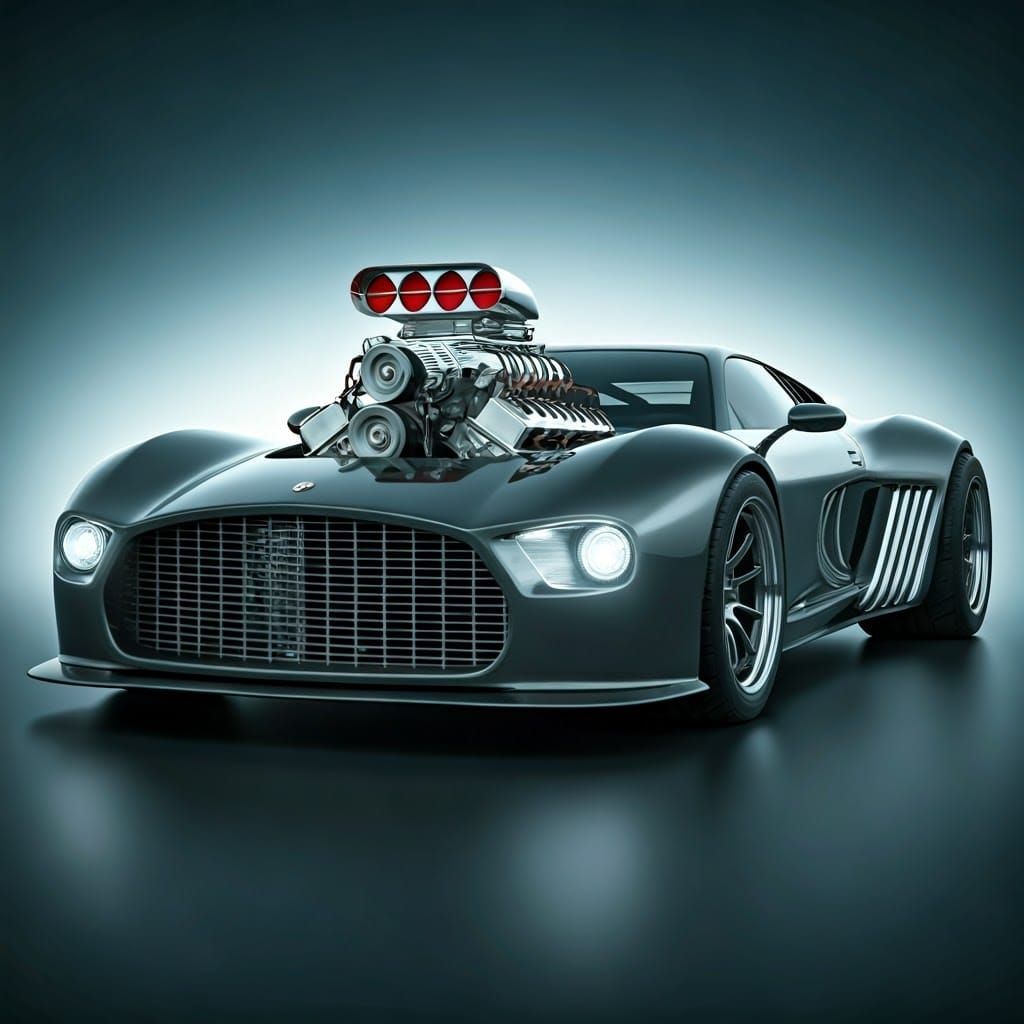 Retrofuturistic Supercar with Chrome Engine in 3D