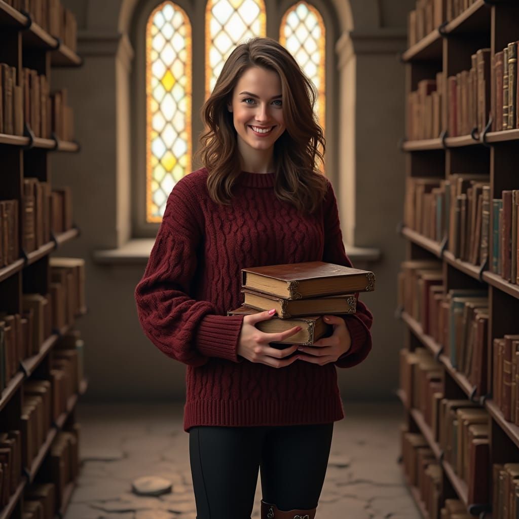Woman Smiling in Nostalgic Library: Fantasy Concept Art