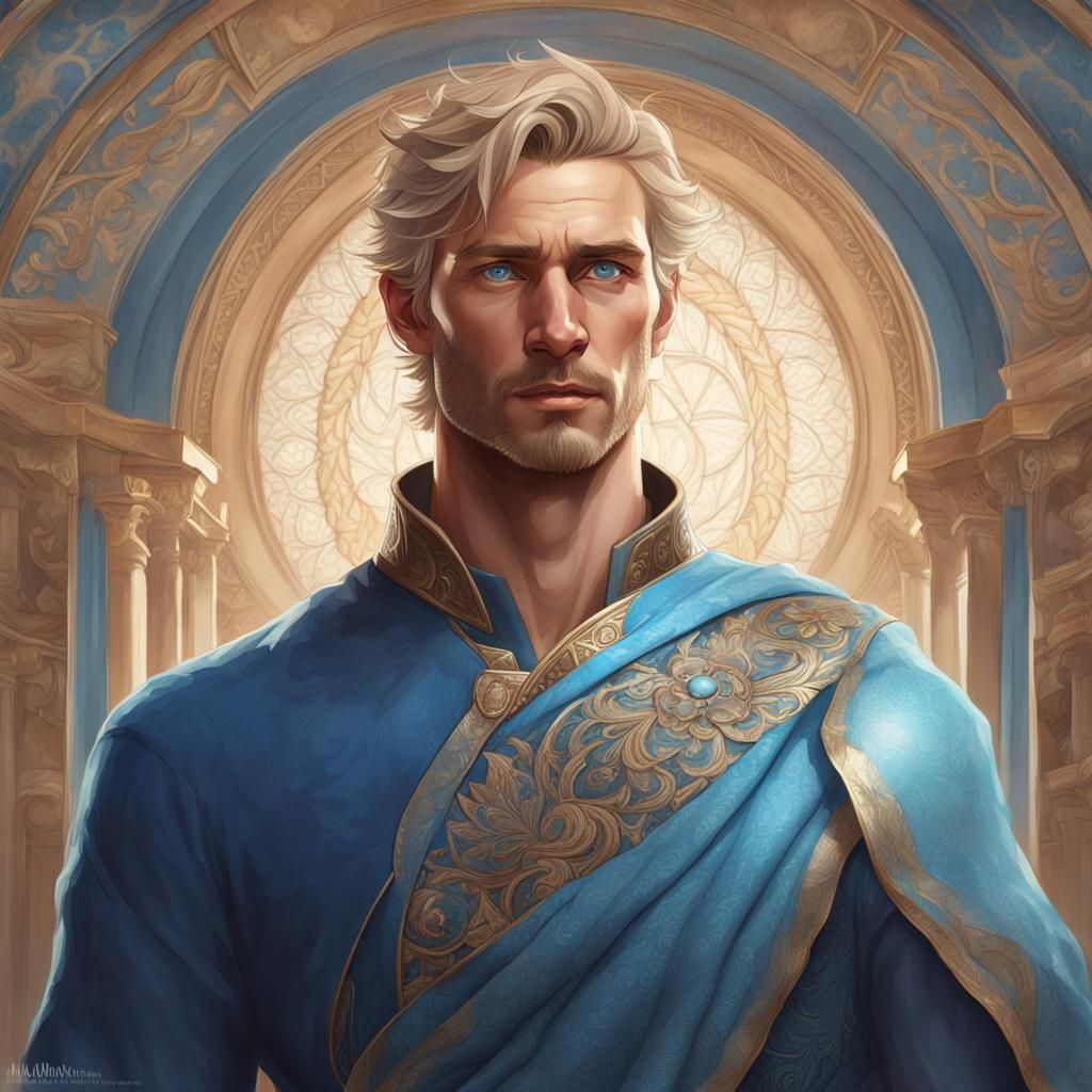Handsome Blond Man in Blue Tunic: Hyperdetailed Portrait