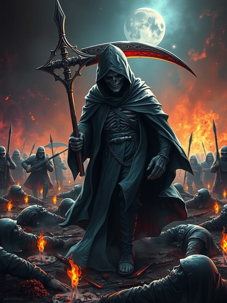 Grim Reaper Collecting Souls on Battlefield: Hyperrealistic ...