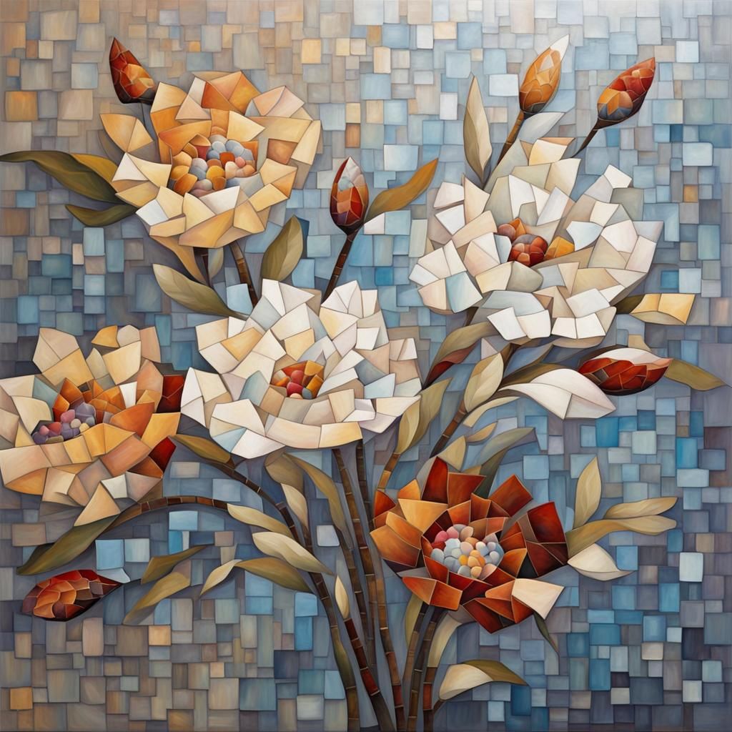 Serene Mosaic Oil Painting with Subtle Flowers