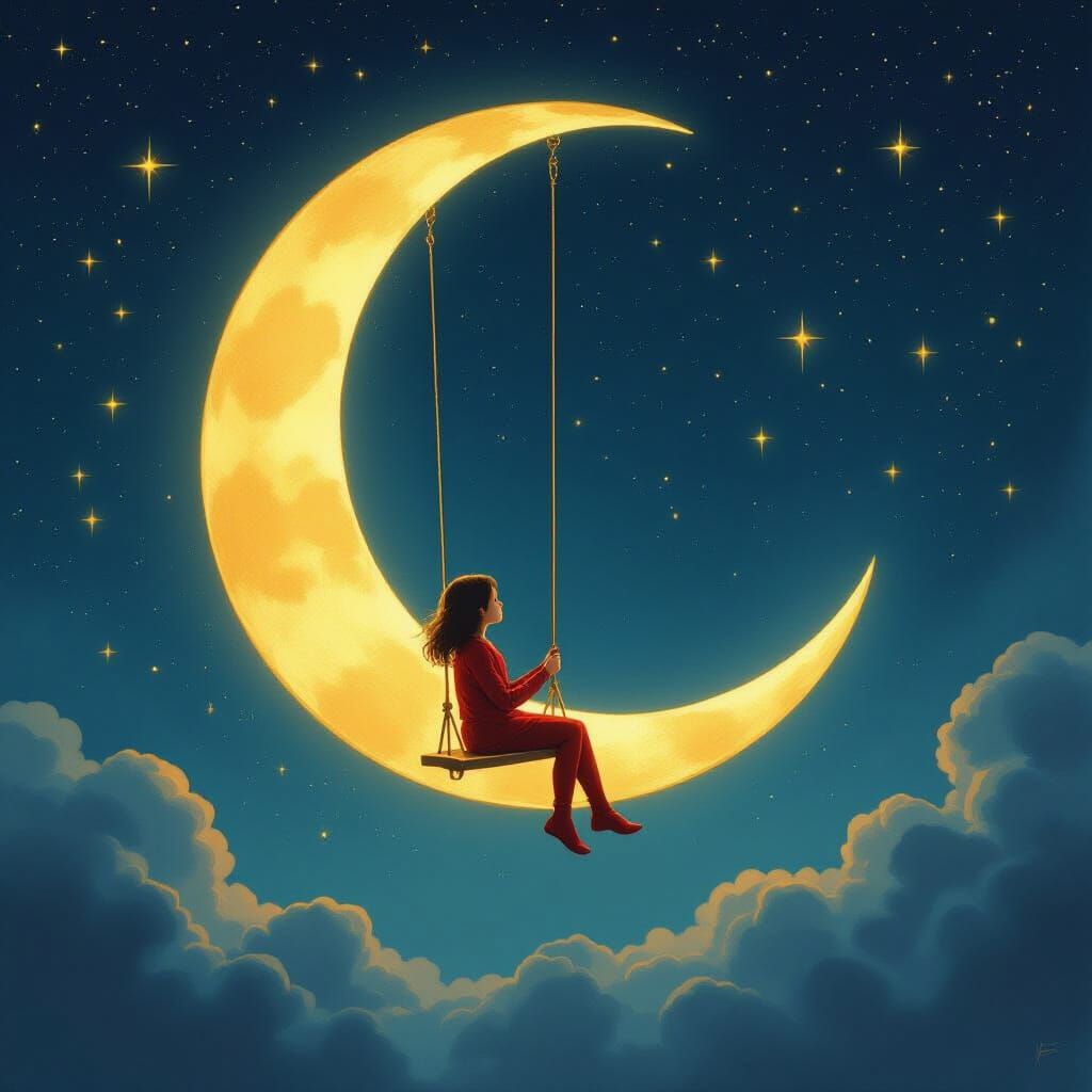 Figure on Moon Swing Under Starry Sky