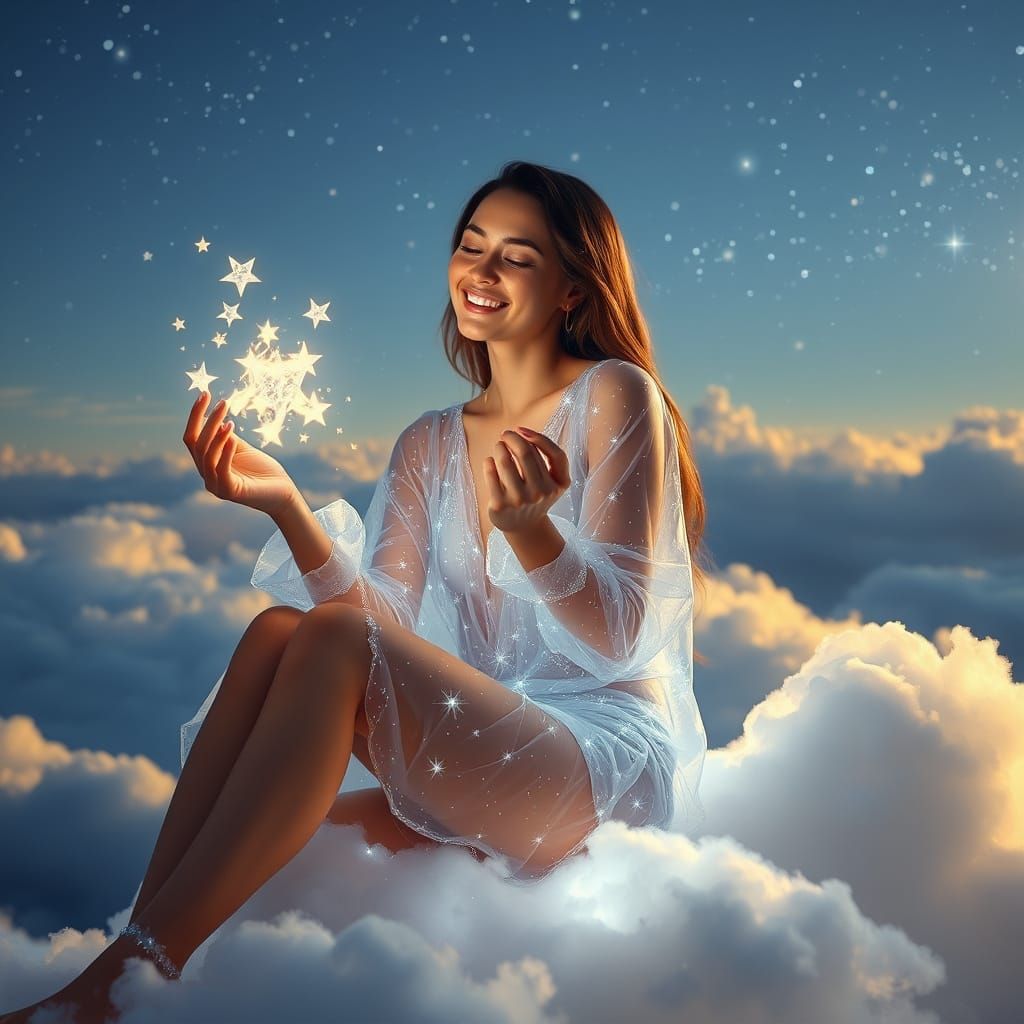 Celestial Woman on Cloud with Sparkling Stars