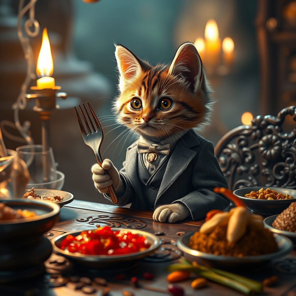 Gourmet Kitten Food Critic in Surreal Setting