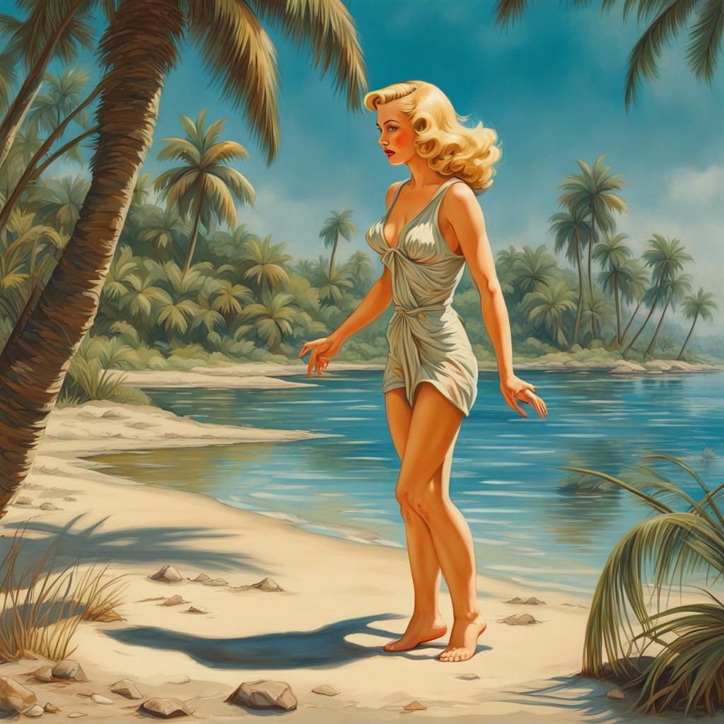 Nude Pin-Up Girl on Tropical Beach in Splash Art