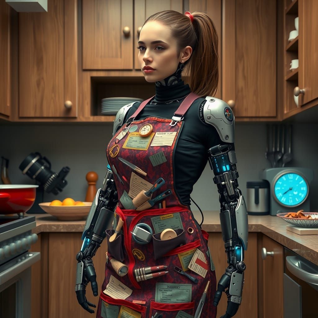 Cyborg Woman in Kitchen with Mechanical Limbs