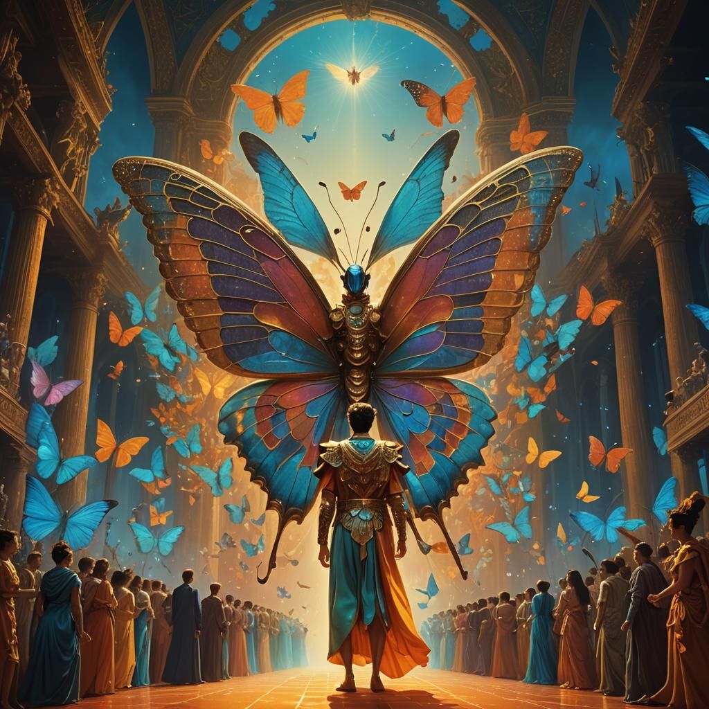 Hermes on Stage with Butterfly Dancers in Surreal Style