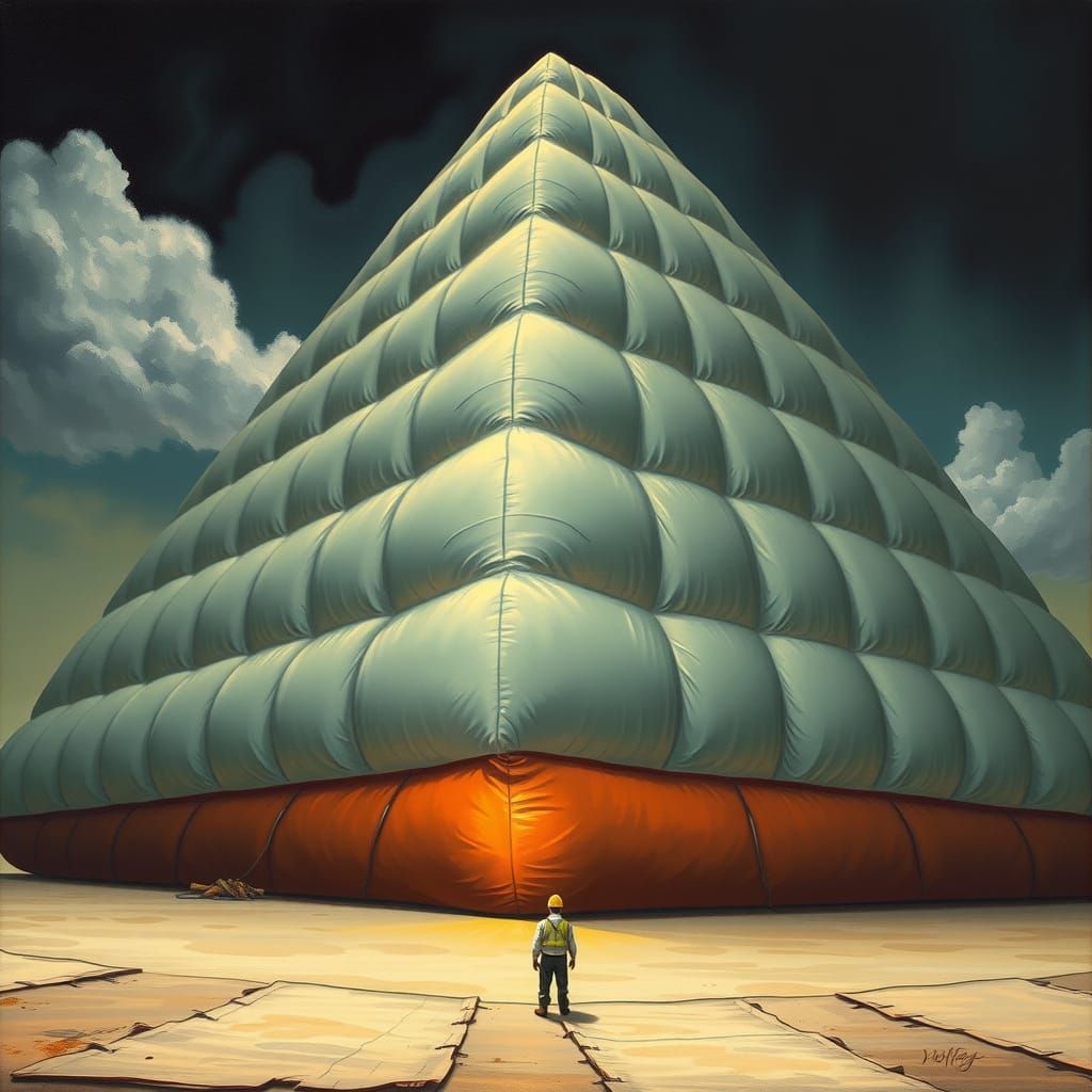 Surrealist Oil Painting of Deflating Pyramid