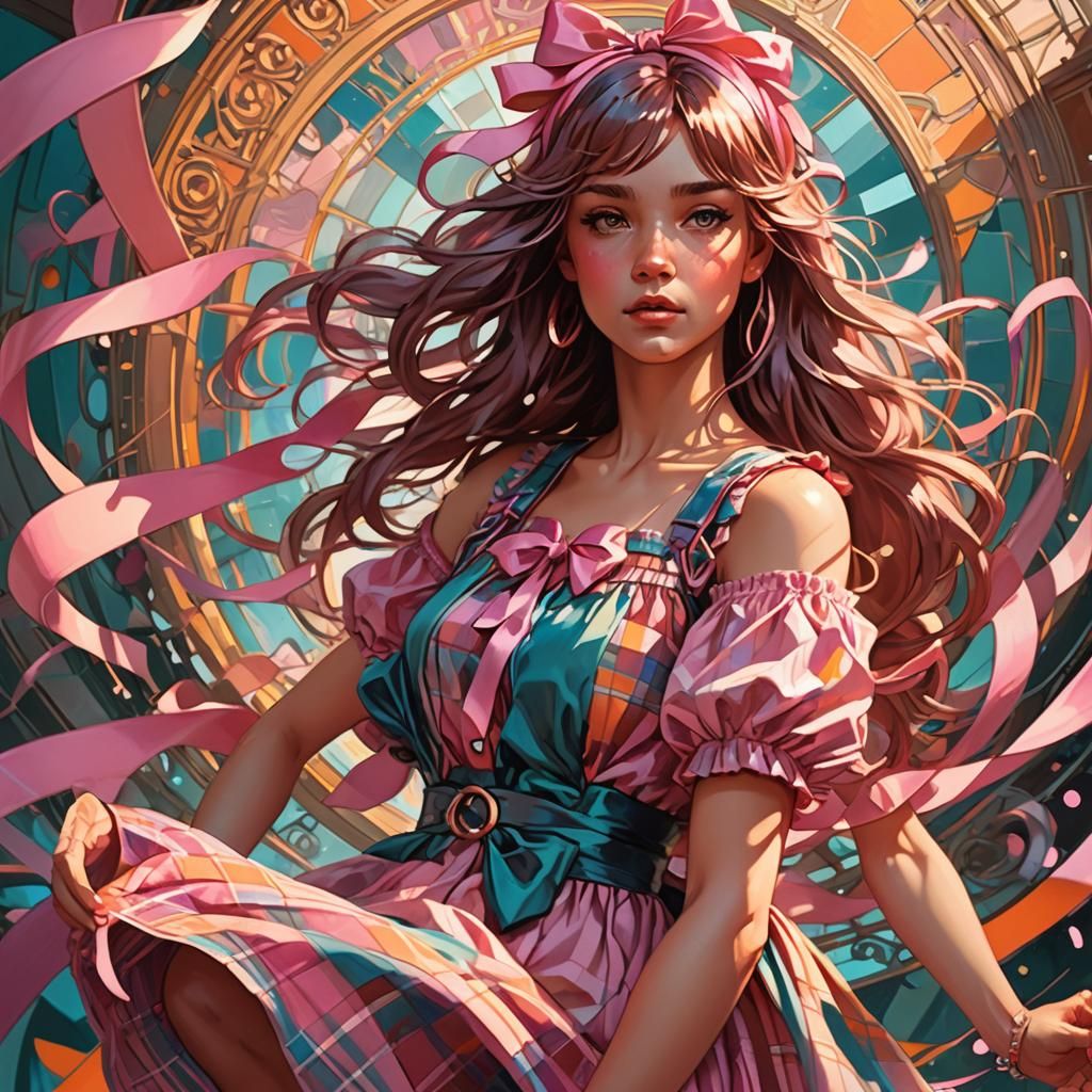 Girl with Pink Ribbon, Alphonse Mucha Style