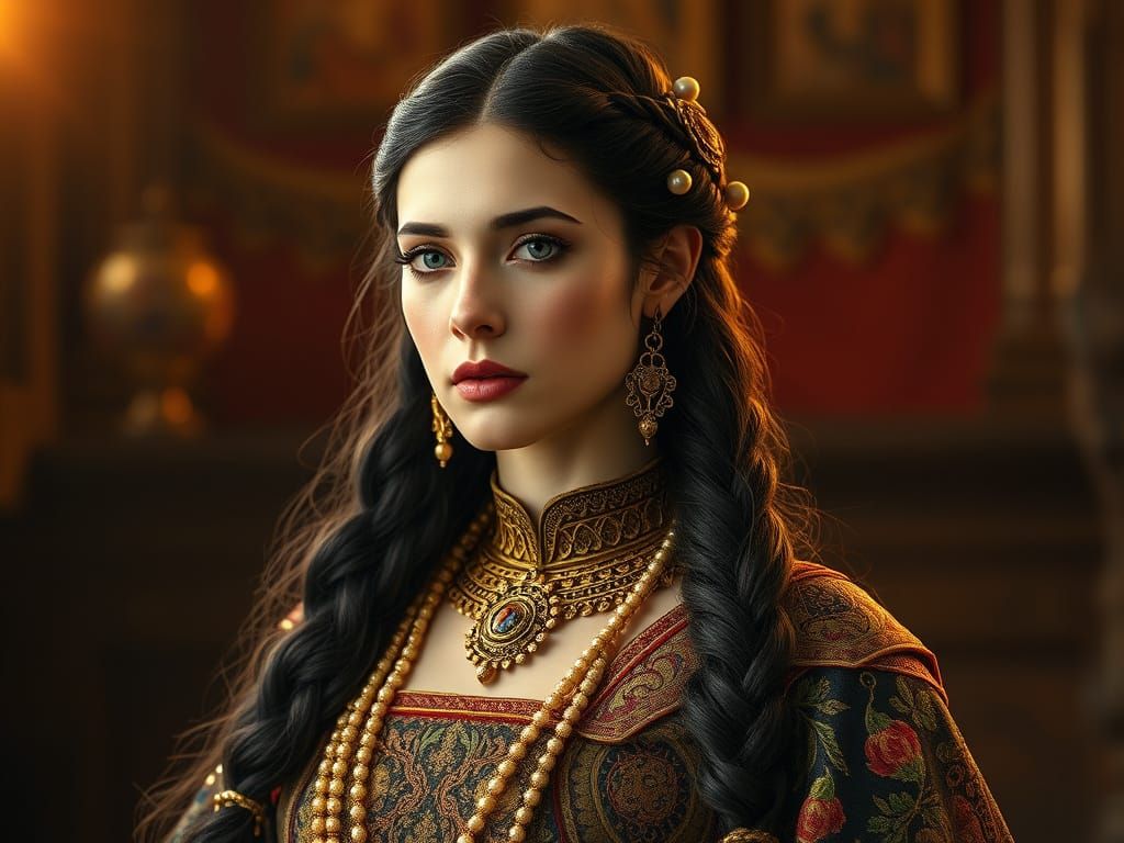 Beautiful woman dressed in 800s A.D. fashion and wearing hai...