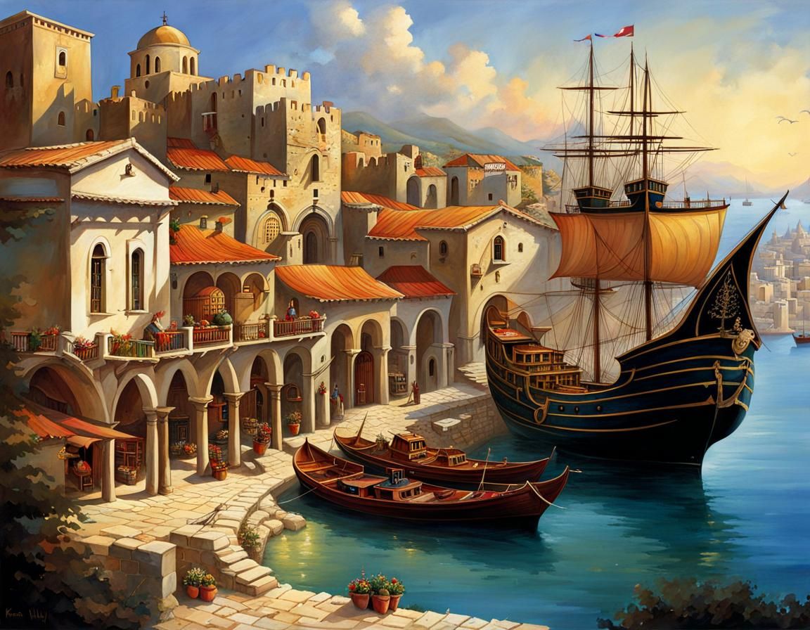Fantasy Port-City with Trade Ships in Digital Painting